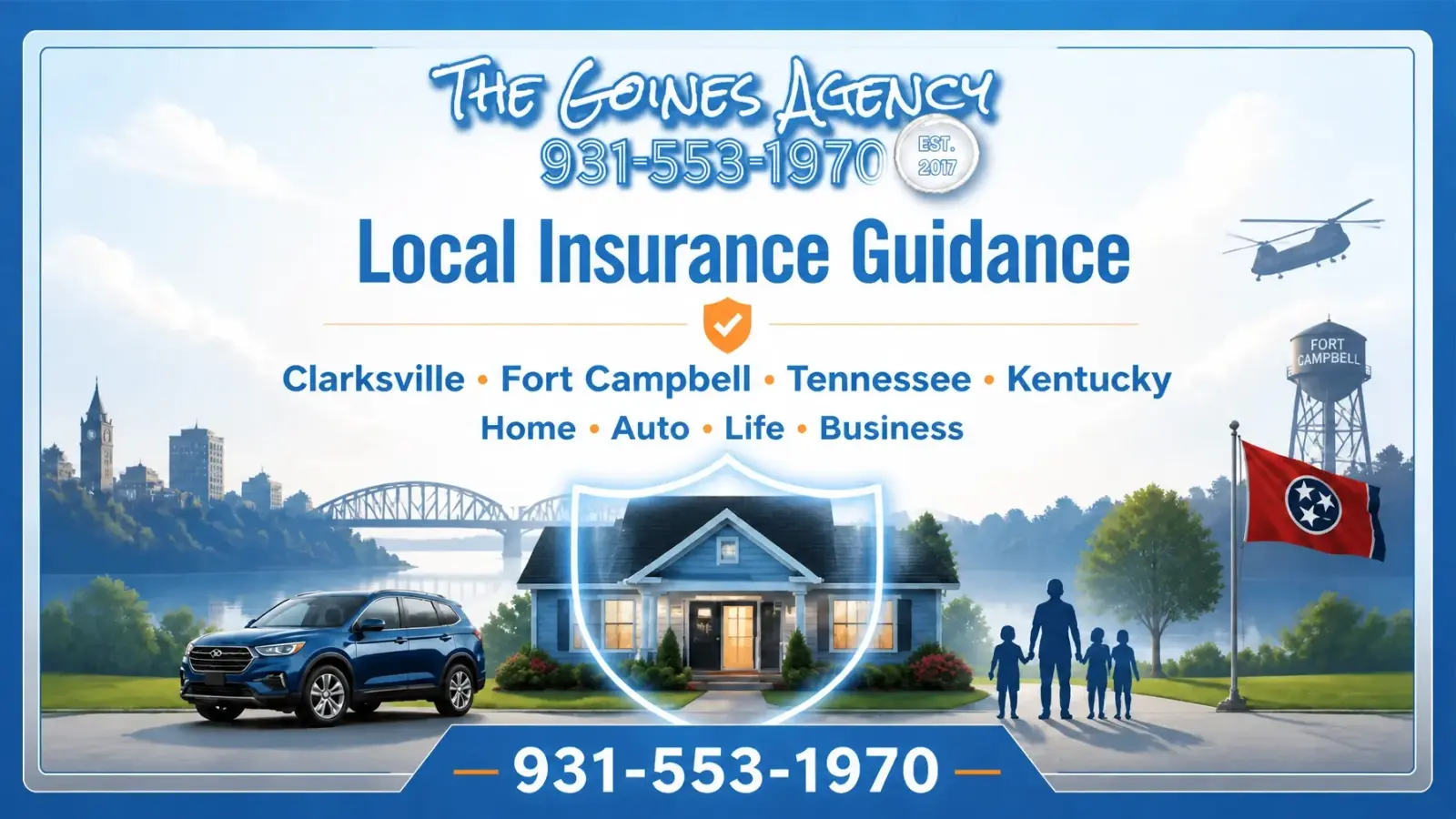Business insurance illustration showing a local business storefront and protection for the work behind it