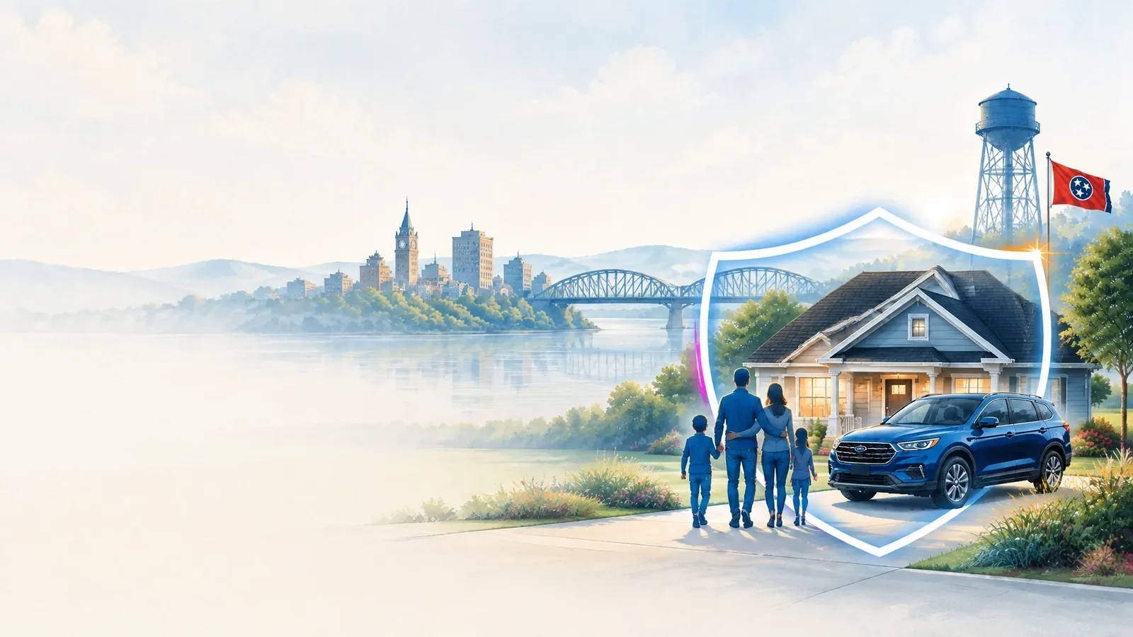 Illustrated Clarksville and Fort Campbell landscape with a protective shield around a local home, family, and vehicle.